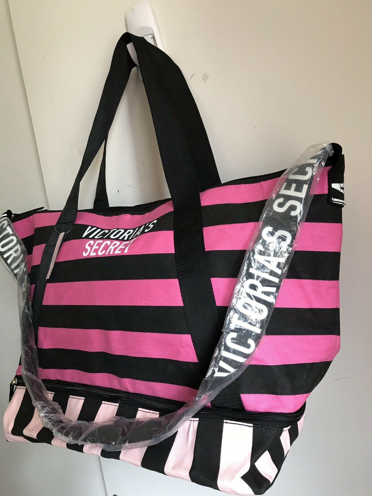 Victoria’s Secret XL Pink/Black Striped Tote Weekender Bag