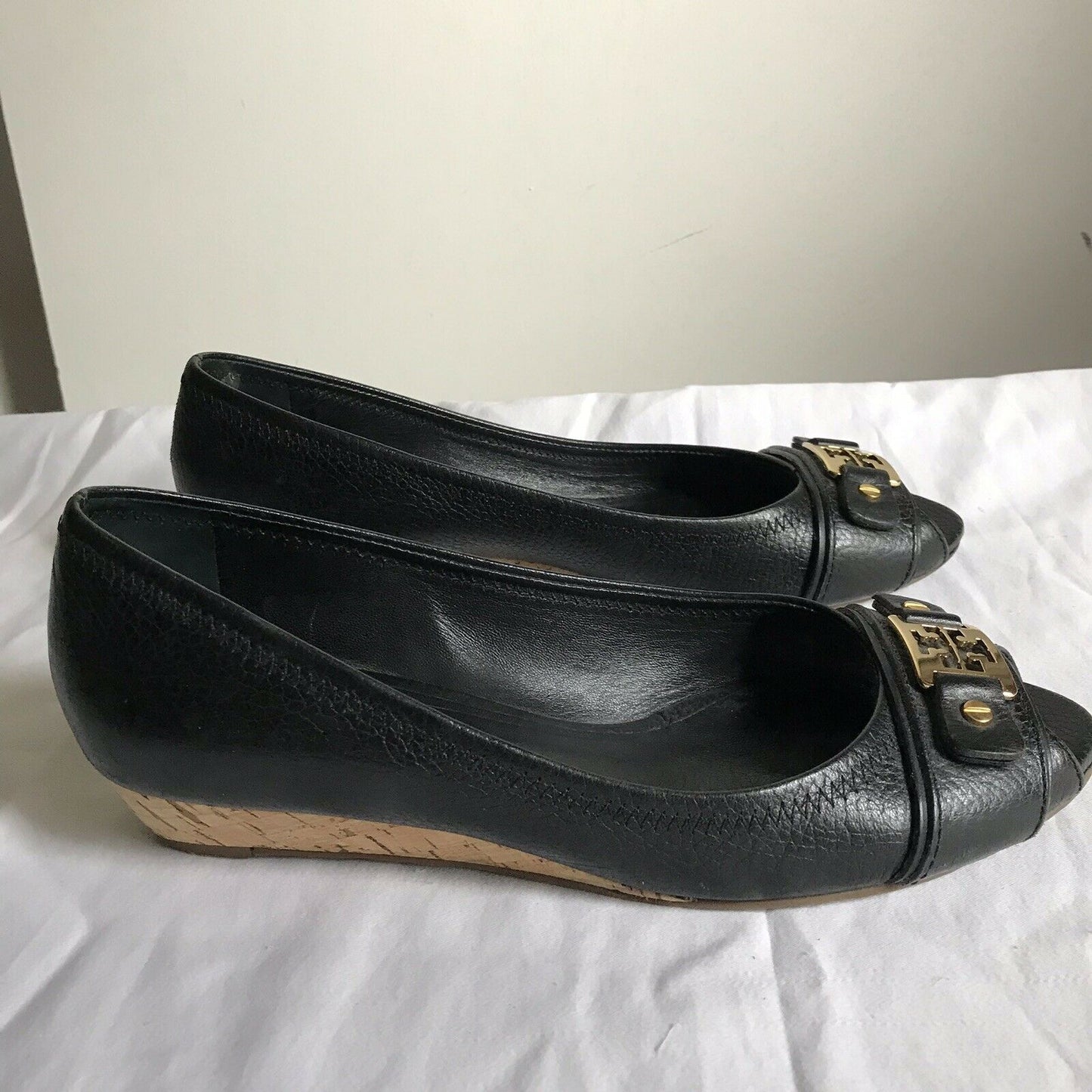 TORY BURCH Black Peep Toe Wedge Sz 8