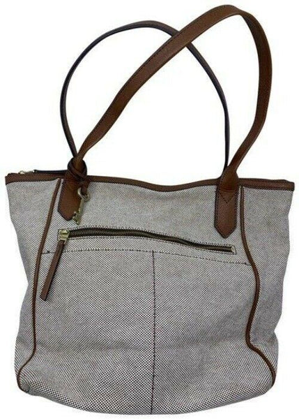 Fossil Tote Brown White Nylon Fabric Shoulder Bag