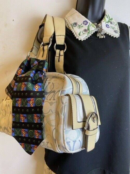 coach w all over logo w add on pooh tie white blue jacquard fabric tote