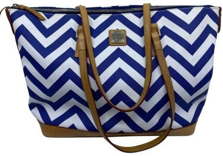 Dooney and Bourke shopping xl zig zag in blue white coated canvas tote