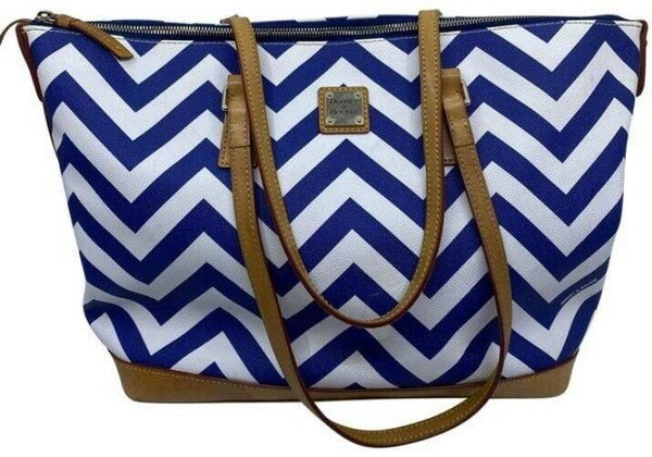 Dooney and Bourke shopping xl zig zag in blue white coated canvas tote