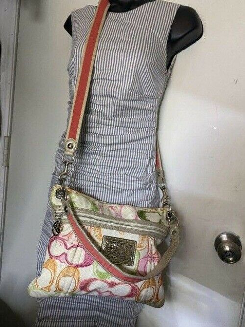 coach msrp white pink green fabric cross body bag