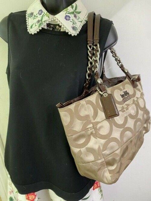 coach bag beige black fabric tote