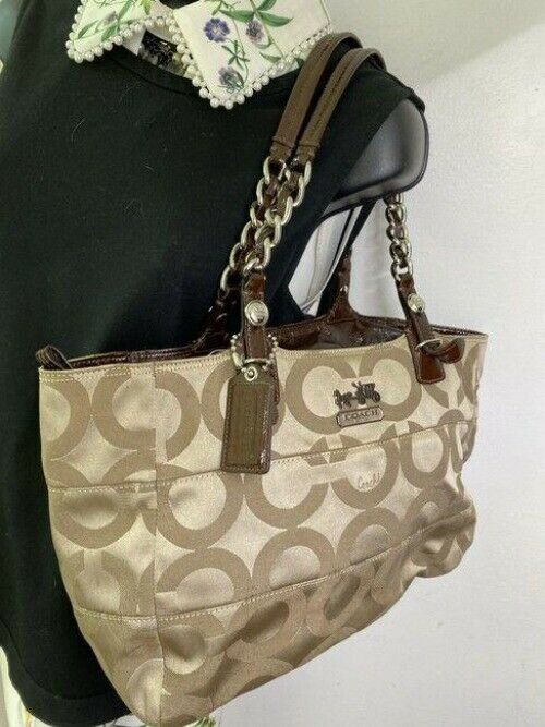 coach bag beige black fabric tote