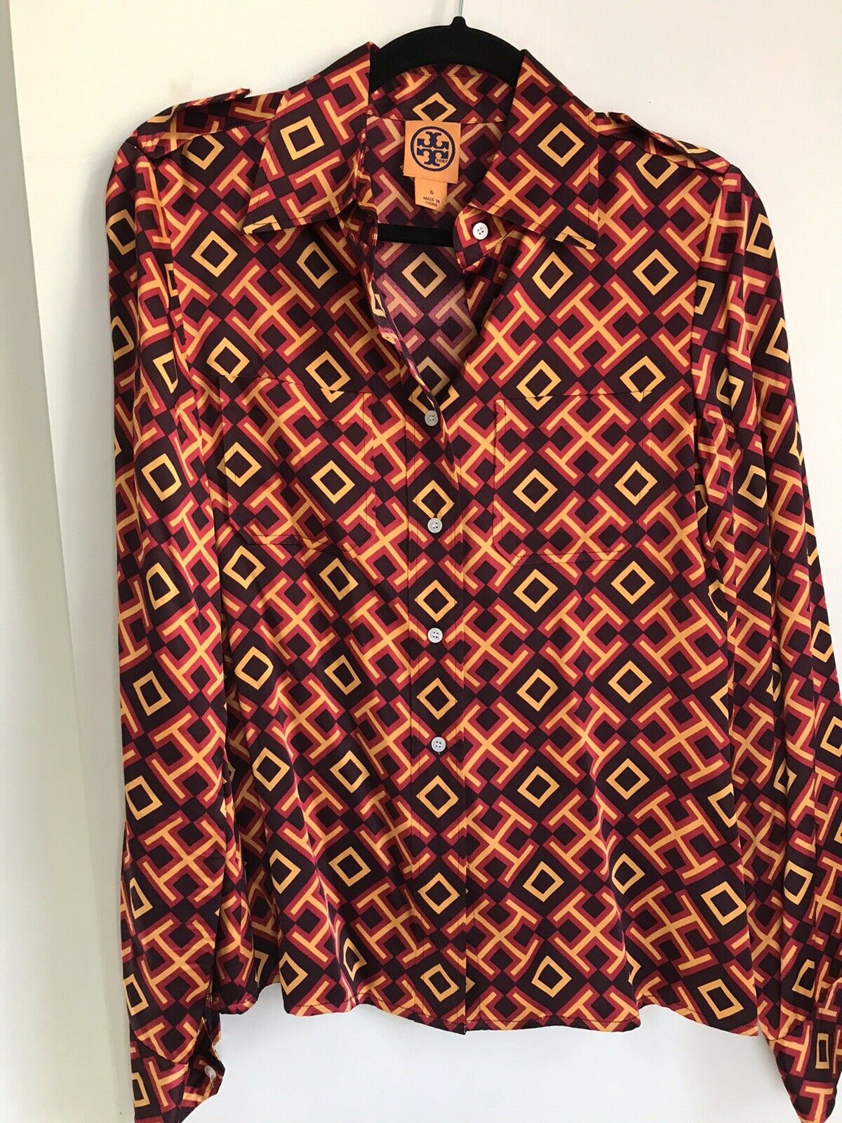 TORY BURCH All Over Logo Silk Top Size 6