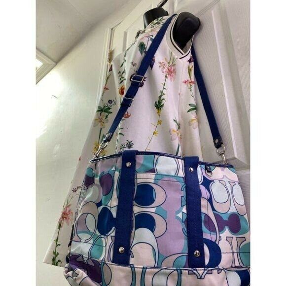 COACH Large Blue White Purple Jacquard Fabric Tote Bag