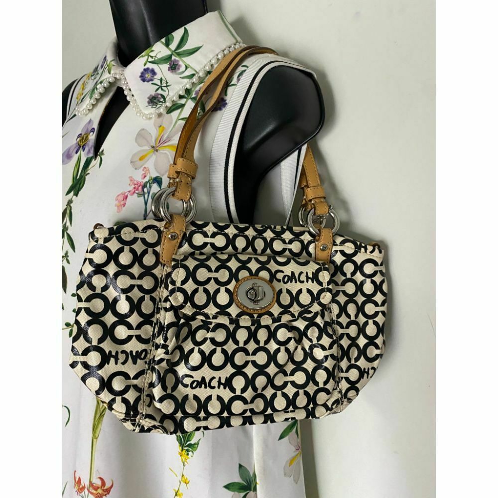 Coach Cream Black Coated Canvas Signature Handbag