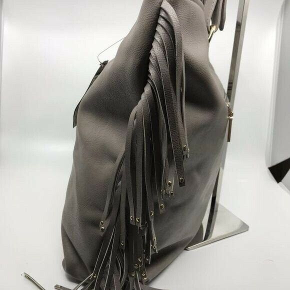 BCBG Fringe Tote Gray Faux Leather Shoulder Bag