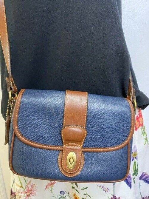 coach vintage w heart padlock silk tie navy leather cross body bag