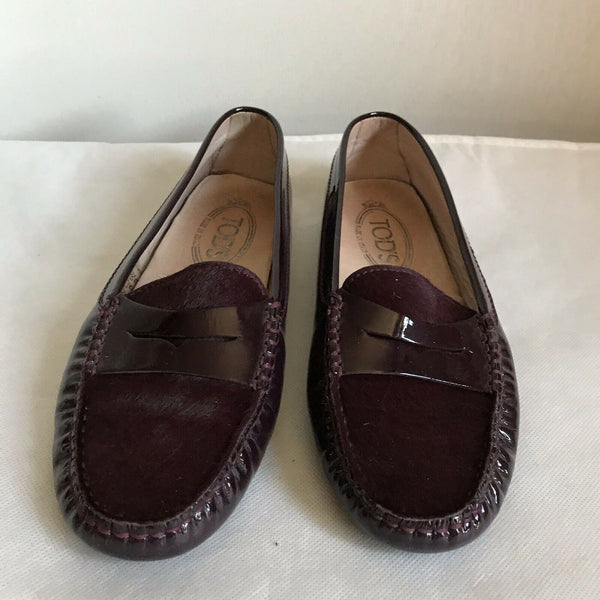 TOD’s Burgundy Pony Hair And Patent Loafers Size 36