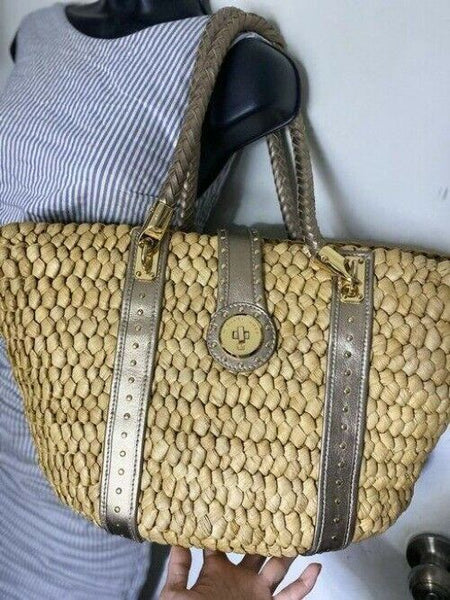 michael kors shopping xl w w leather trim gray beige woven tote