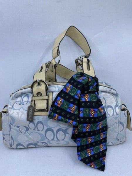 coach w all over logo w add on pooh tie white blue jacquard fabric tote