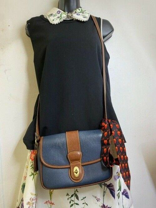 coach vintage w heart padlock silk tie navy leather cross body bag