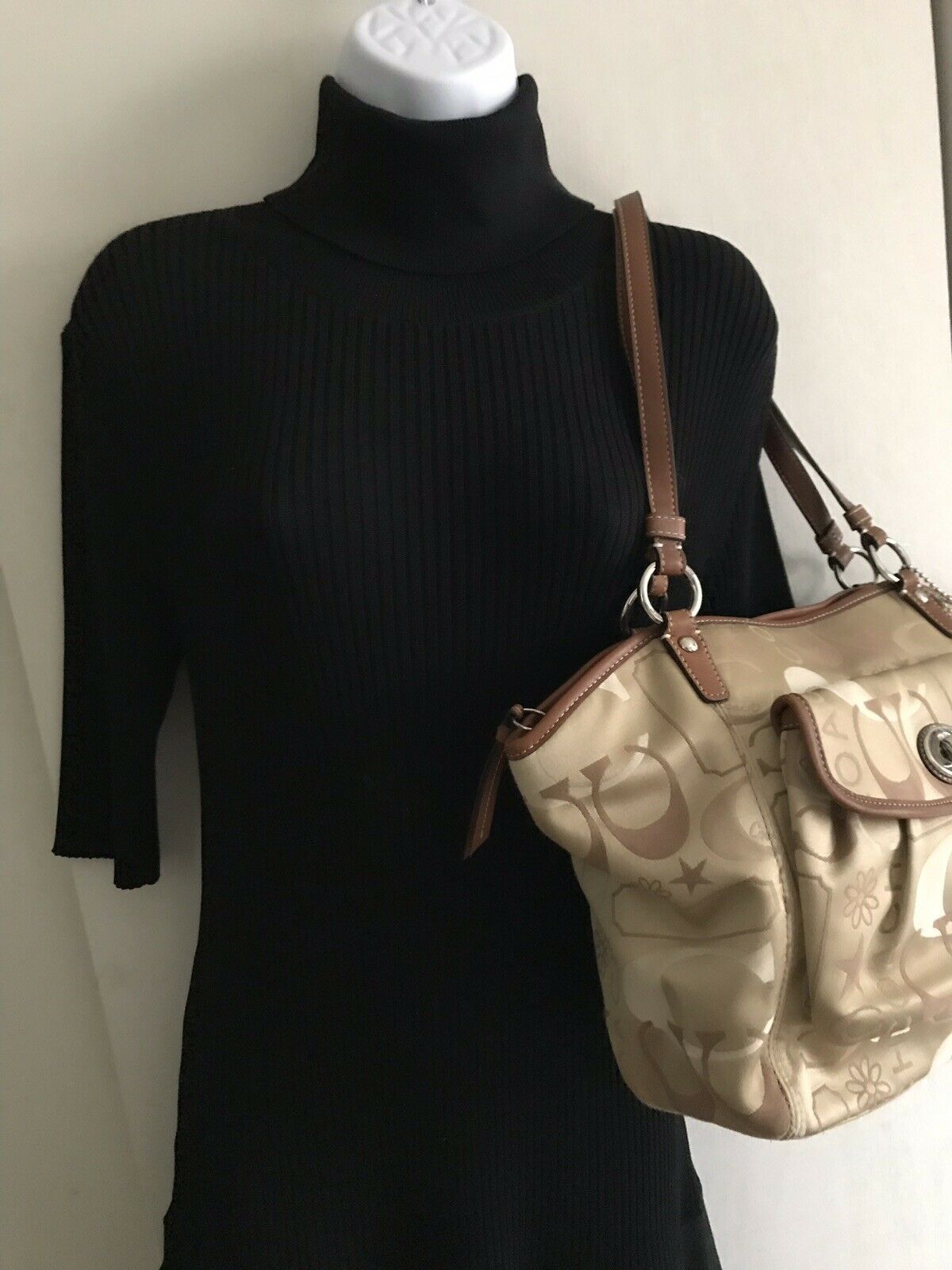 COACH Khaki Medium/Large Satin Monogram Tote