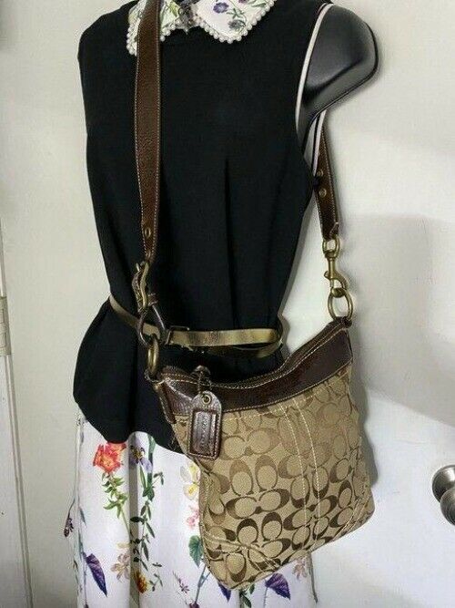 coach medium size brown beige jacquard fabric cross body bag