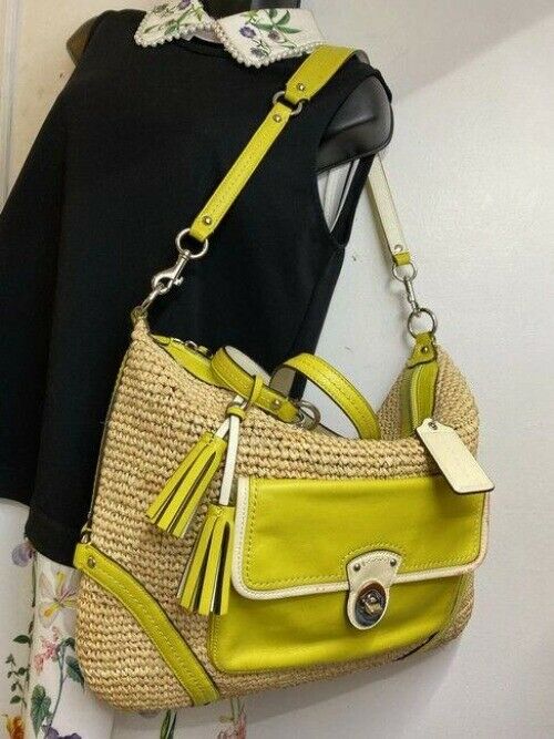 coach xl w w leather trim tan green woven straw tote