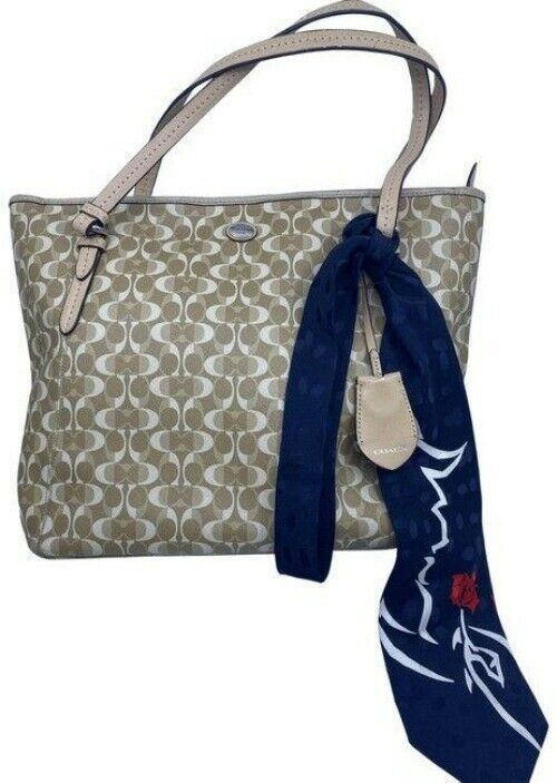 coach w w detachable specialty tie accent tan white shoulder bag