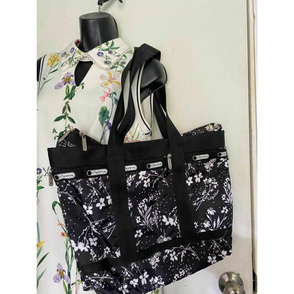 Le Sportsac Black White Floral Nylon Tote Bag