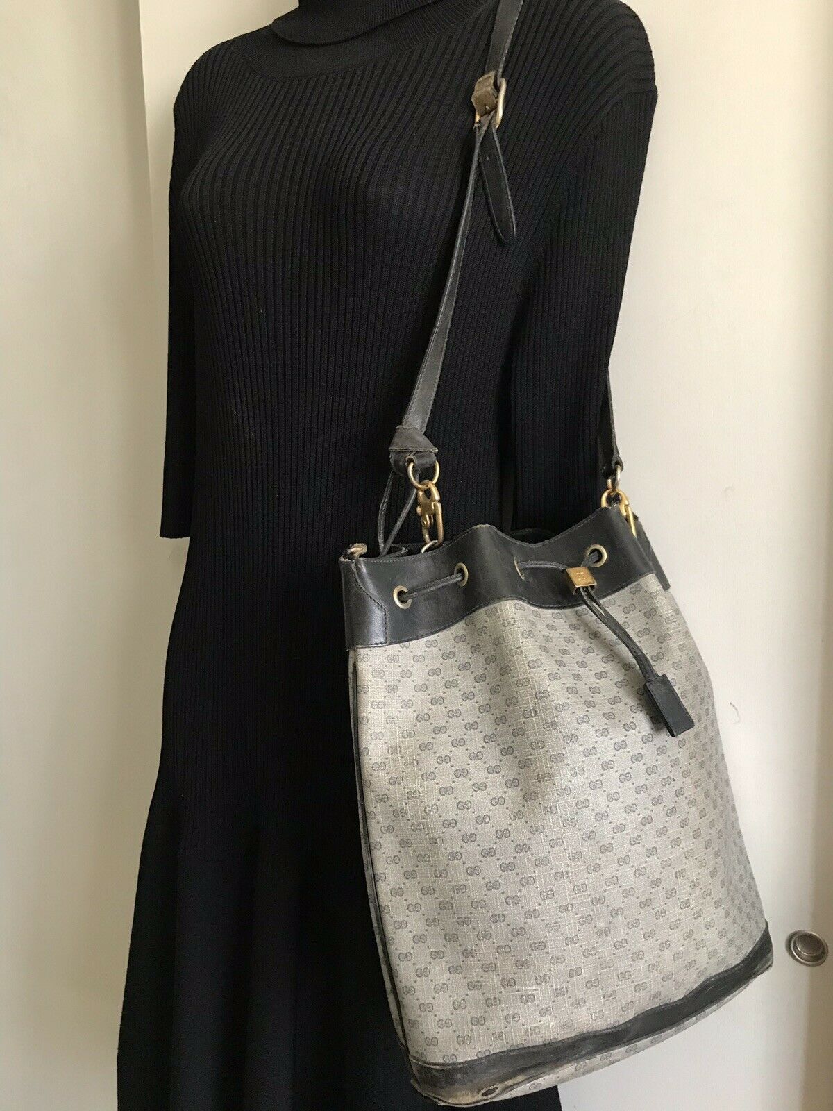 Gucci Vintage Large Navy Bucket Drawstring Monogram Logo Bag