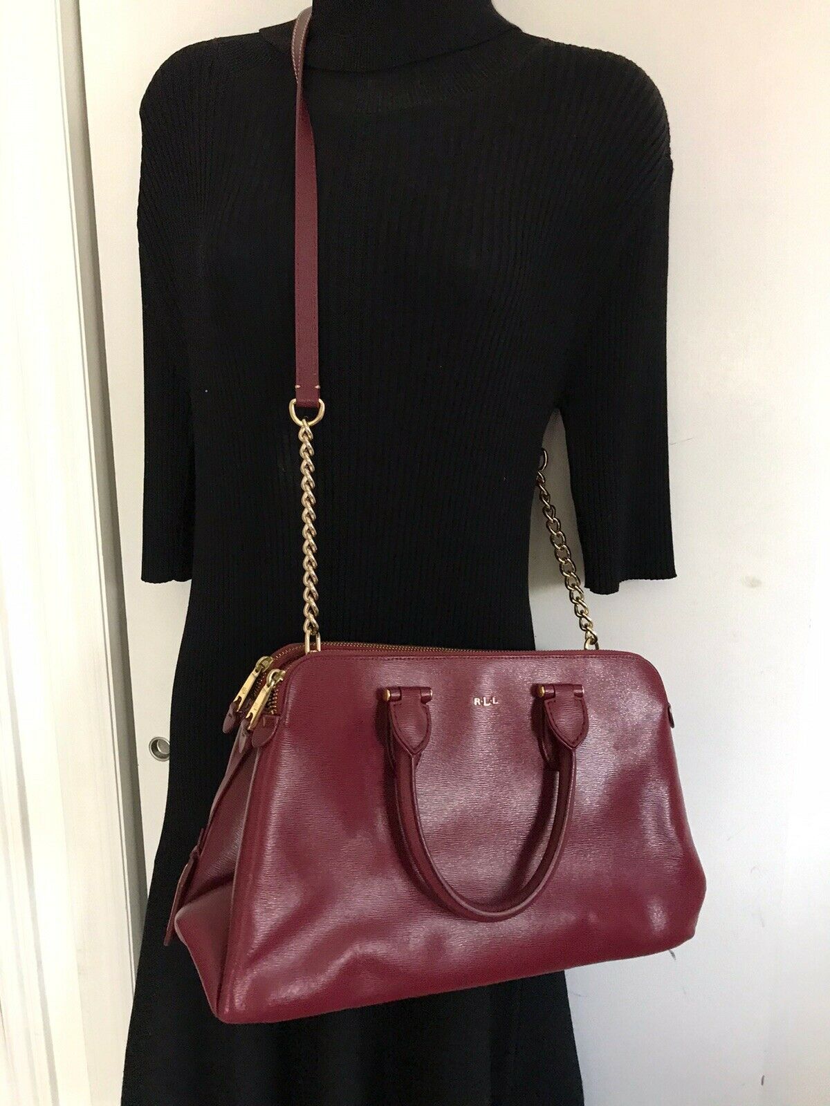 RALPH LAUREN Medium Brown Leather Logo Tote