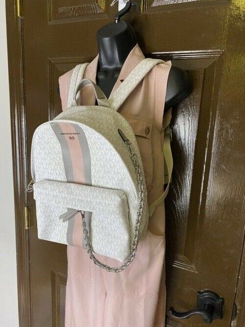 Michael Kors Slater Medium Logo Stripe Whitepinkgray Saffiano Leather Backpack