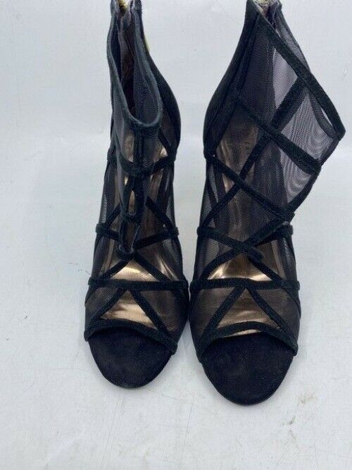 Black Xstal Mesh Peep Toe Heels In Leather Bootsbooties Size Eu