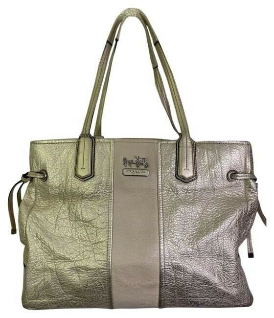 COACH XL Cream Silver Leather Shopping Tote Bag
