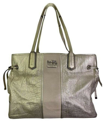 COACH XL Cream Silver Leather Shopping Tote Bag