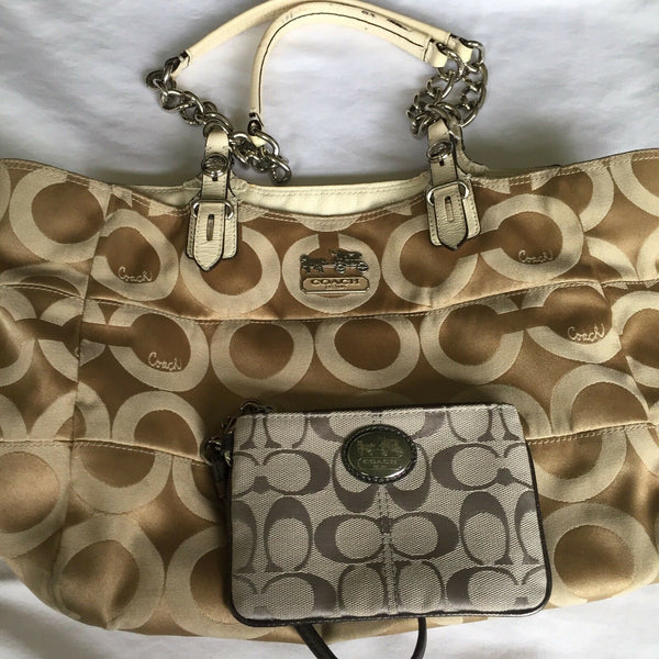 COACH Gold Jacquard Medium Tote W Silver Grey Pouch Msrp $400