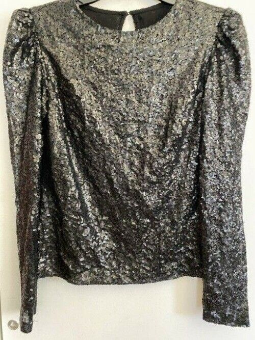 nicole miller black new sequined puff sleeves msrp blouse