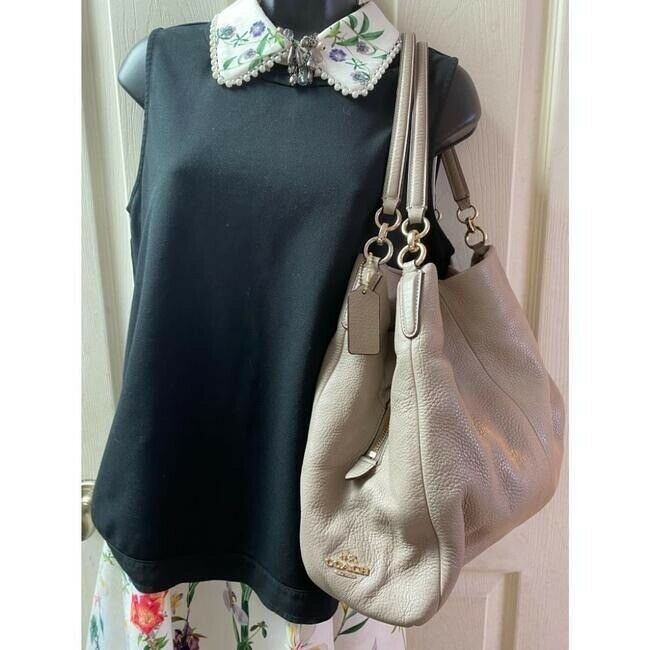 coach large eddie triple compartment beige leather shoulder bag