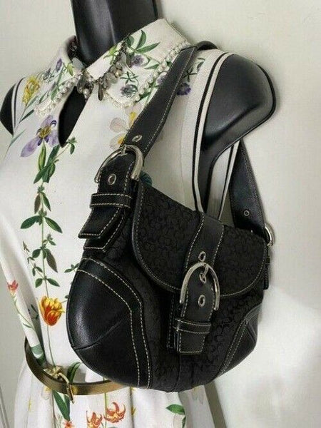 coach medium material black gray fabric shoulder bag