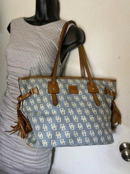 Dooney and bourke shopping large blue white brown fabric tote