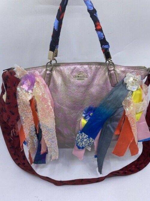 Coach shoulder bag w hand shoulder customized by me w applique purple gold tote