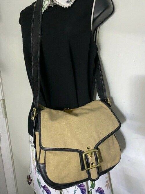 coach fabric canvas medium tan black canvas leather cross body bag