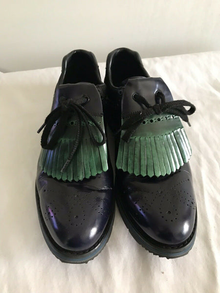 Prada Navy/Green Perforated Leather Oxfords