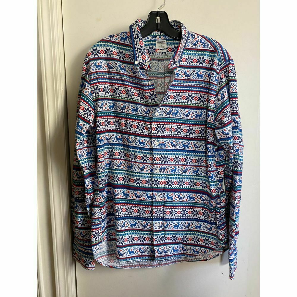 BONOBOS Blue White Red Printed Long Sleeve Button Down Shirt Size M