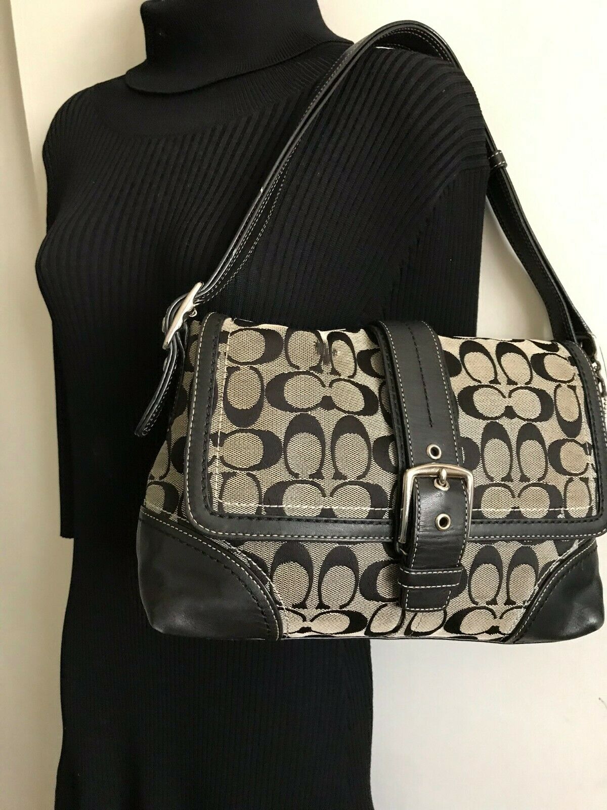 Coach Black Fabric Signature hand bag
