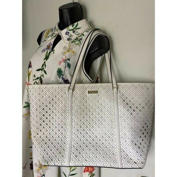 KATE SPADE XL White Leather Laser Cut Tote Bag
