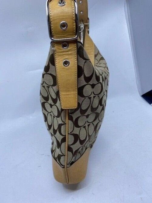 coach medium size tan brown jacquard fabric cross body bag