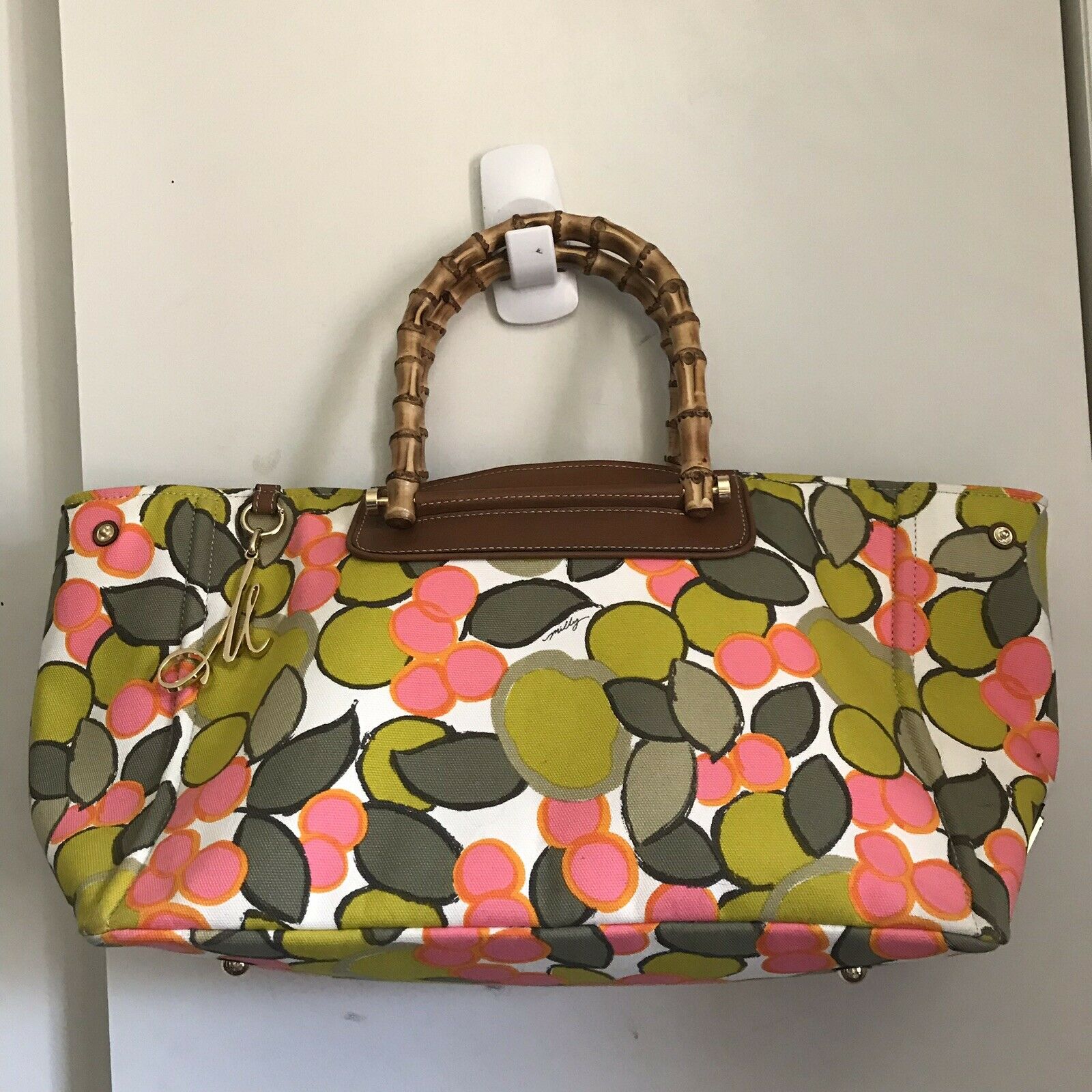 MILLY XL Printed Canvas Tote With Bamboo Handle