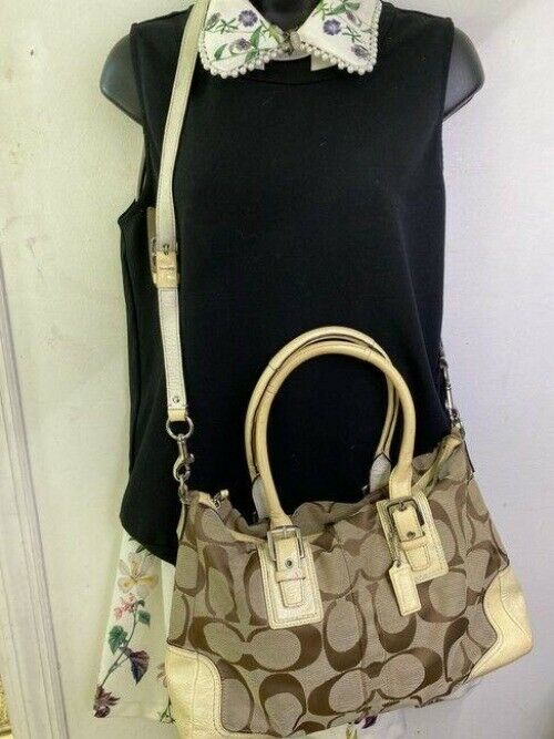 coach bag cream black fabric tote