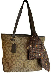 coach w all over logo w add on pooh beige brown jacquard fabric tote