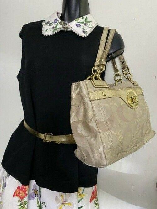 coach large gray gold fabric shoulder bag