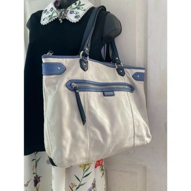 COACH XL White Blue Leather Shopping Tote Bag