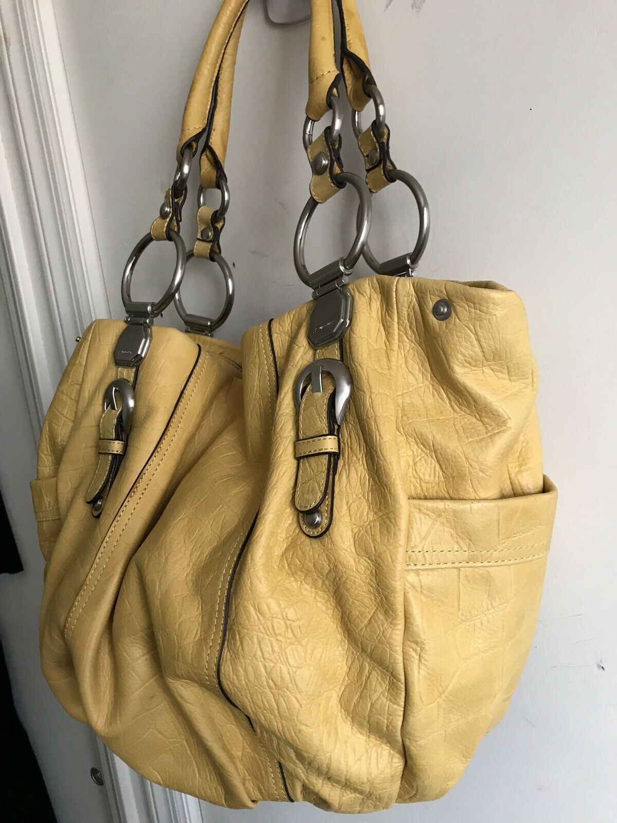 B Makowsky XLarge Yellow Leather Handbag With Silver O Ring Detail