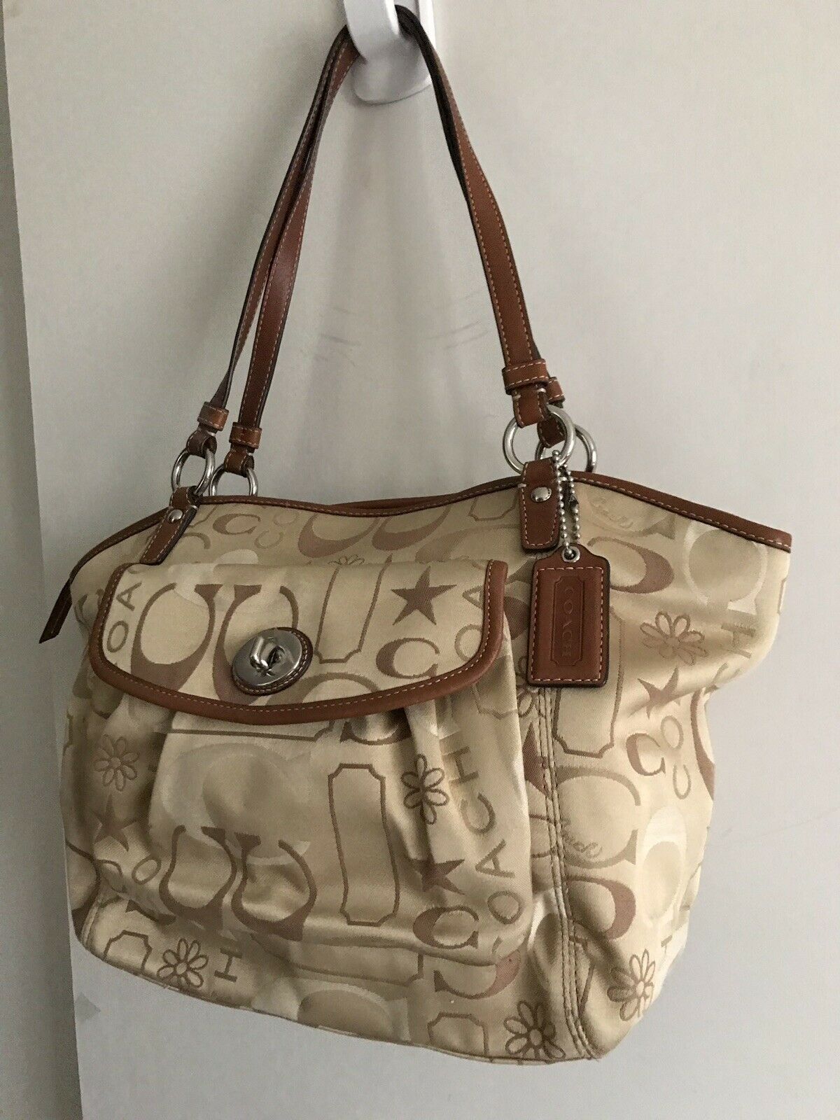 COACH Khaki Medium/Large Satin Monogram Tote