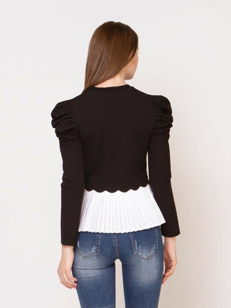 GRACIA NWT! Black Knit With white pleats And puffed Sleeves S/M/L