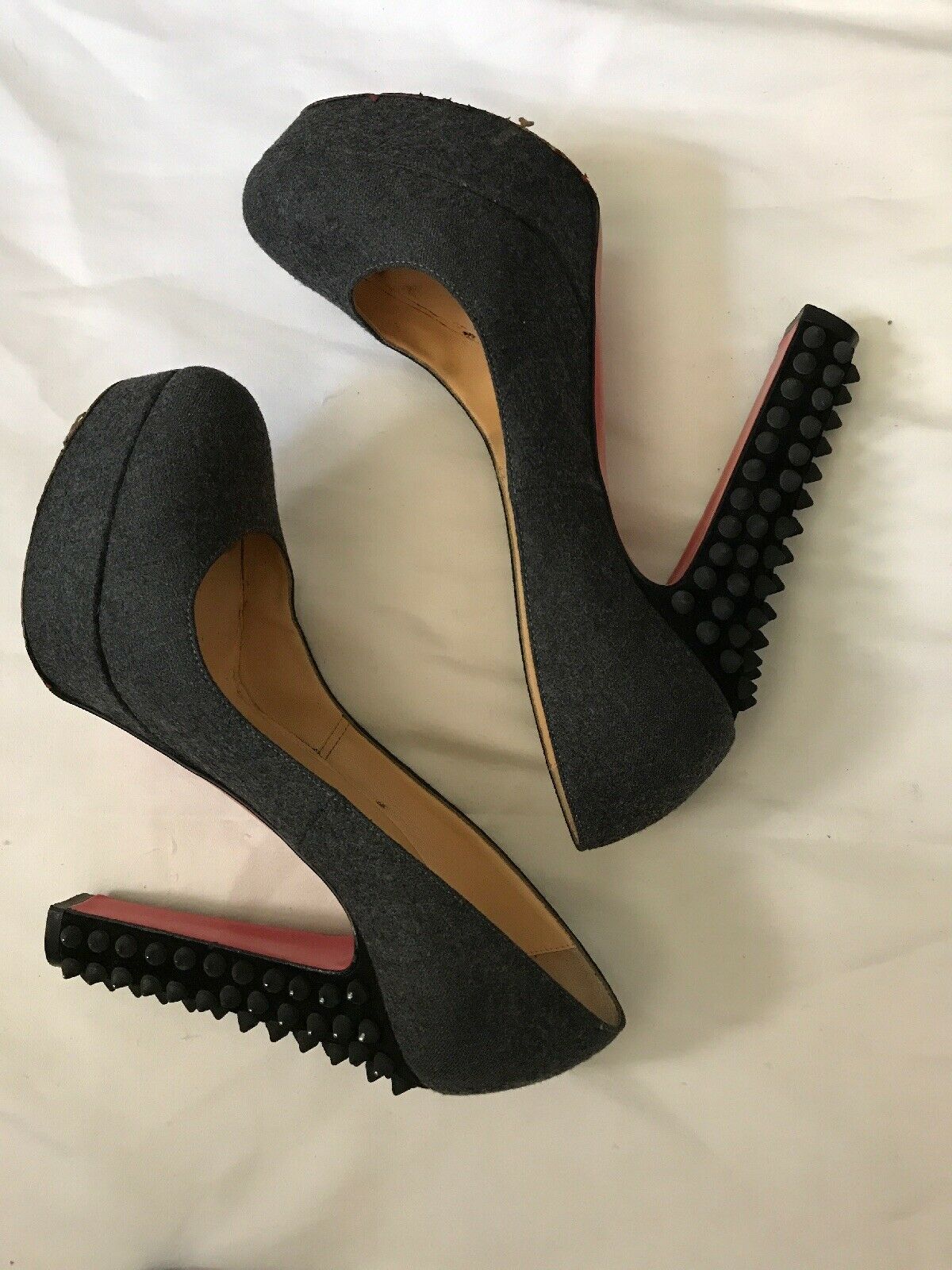 CHRISTIAN LOUBOUTIN Grey Denim Classic Pumps W/ Heel Spikes On Heels 36.5